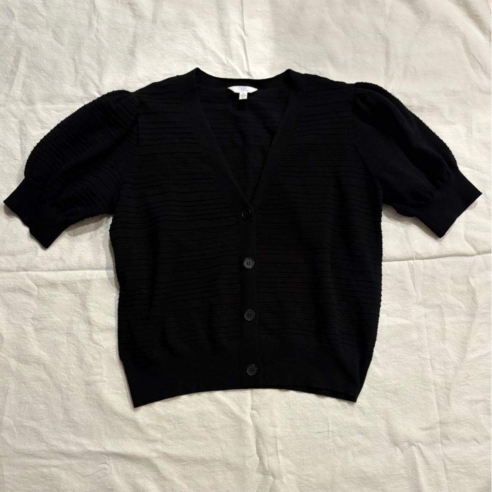 Time and Tru Black Short Sleeve Ribbed Cardigan